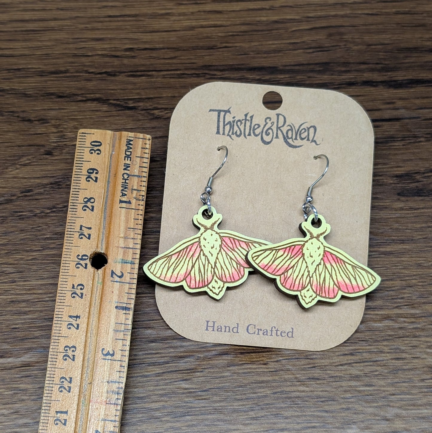 Laser Cut Wooden Rosy Maple Moth Earrings