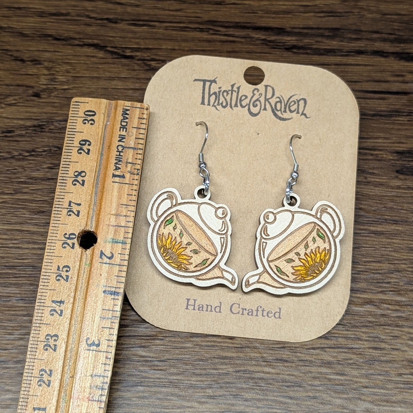 Laser Cut Wooden Hand-Painted Teapot Earrings