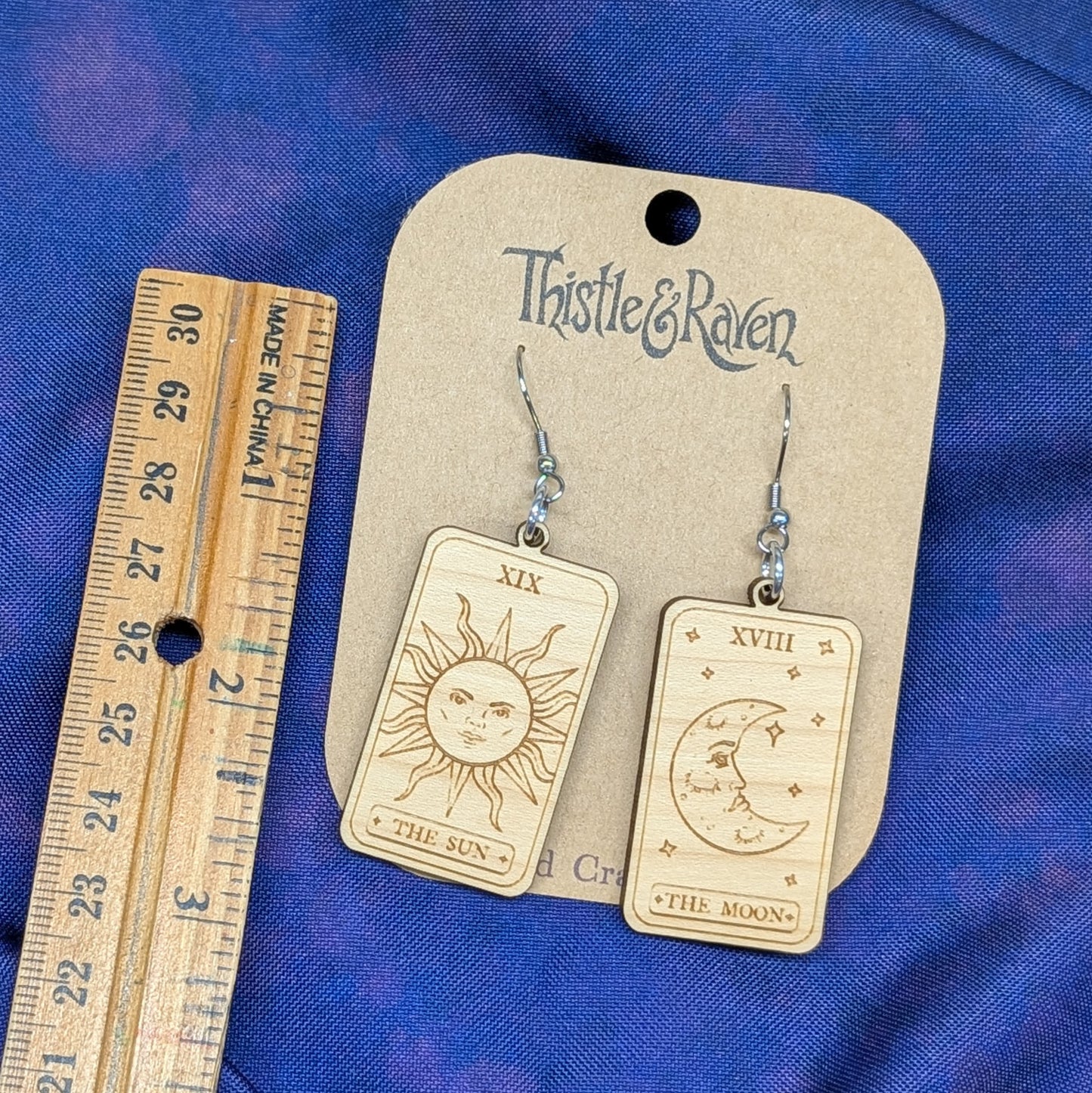 Laser Cut Wooden Sun and Moon Tarot Card Earrings