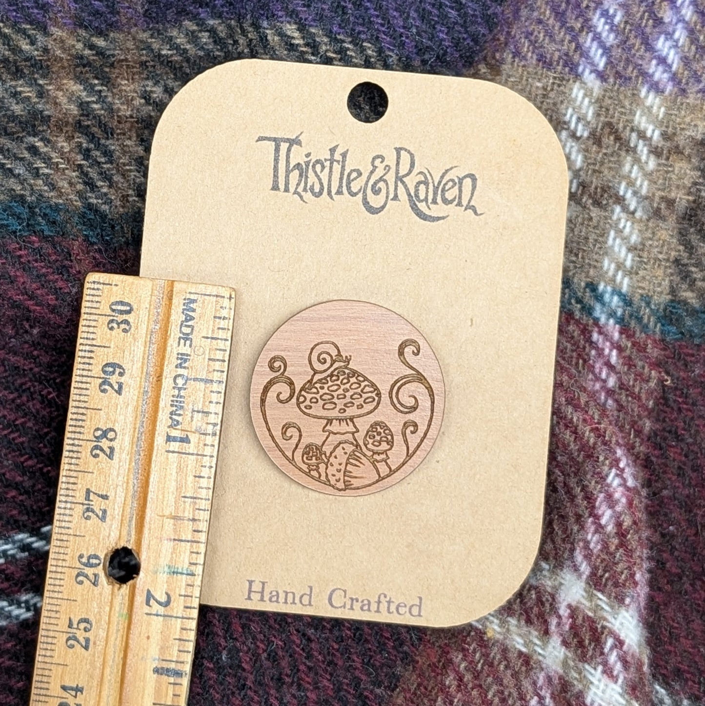 Laser Cut Wooden Mushroom with Snail Pin