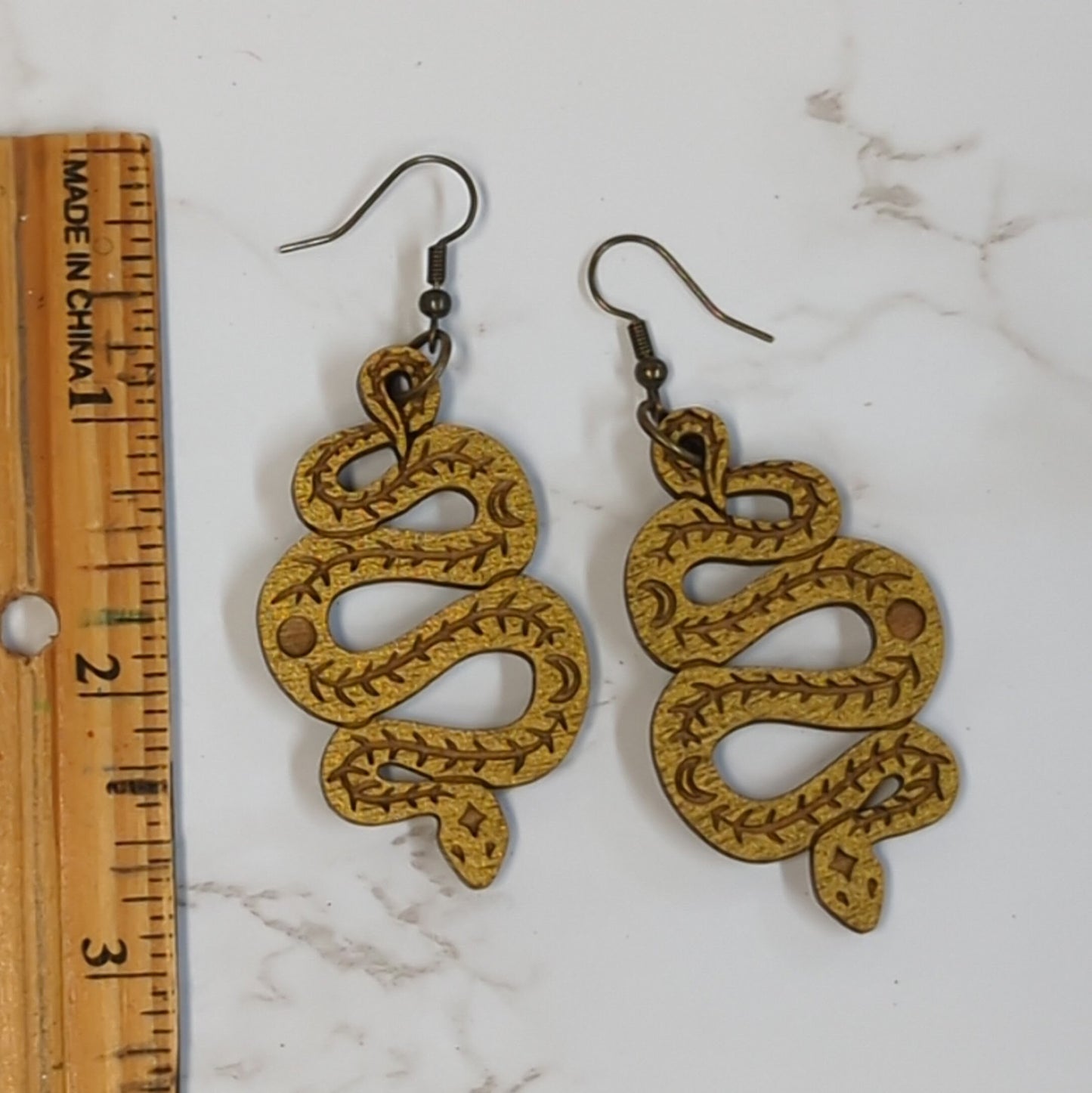 Laser Cut Wooden Golden Snake Earrings