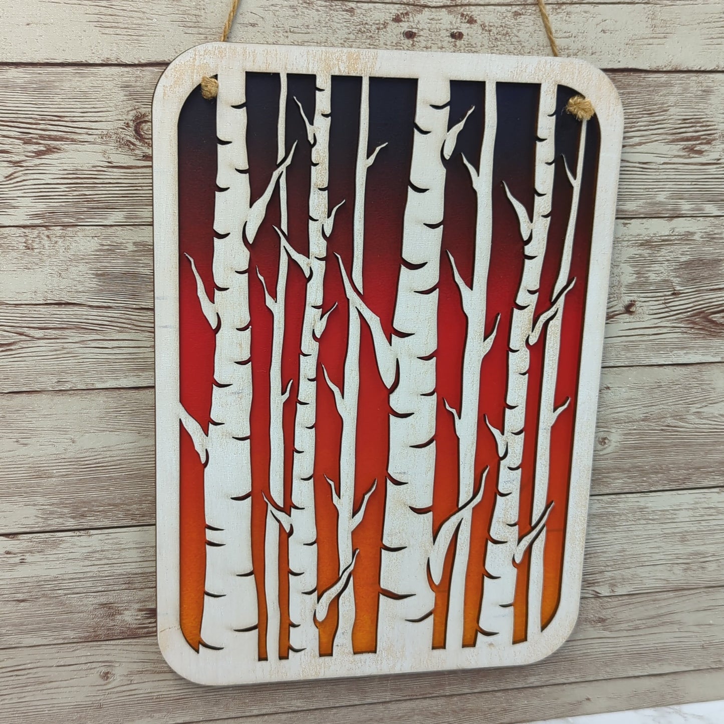 Birch Trees Wooden Laser Cut Wall Art - Sunset Background