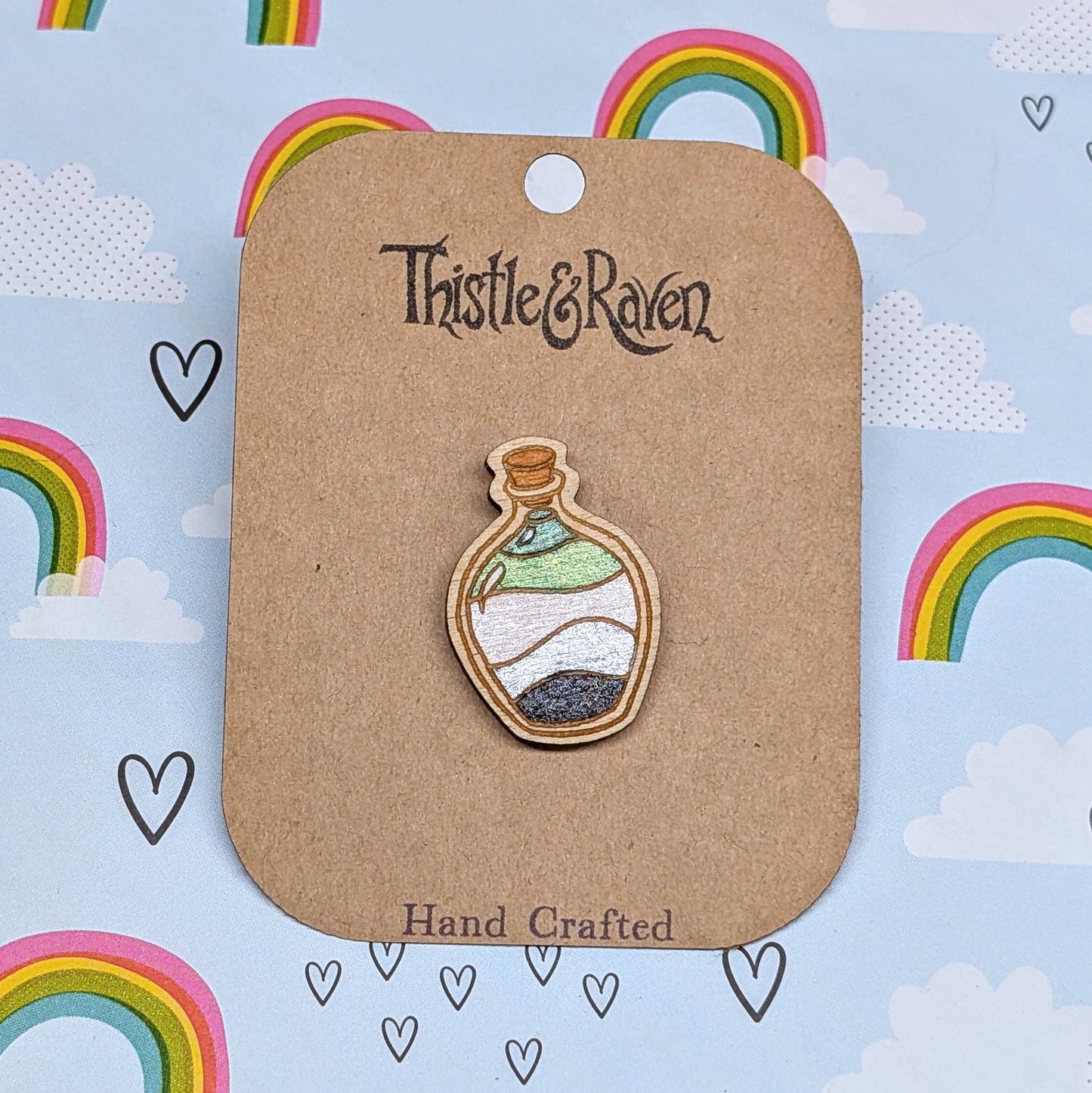 Laser Cut Wooden AROMANTIC Pride Potion Bottle Pin