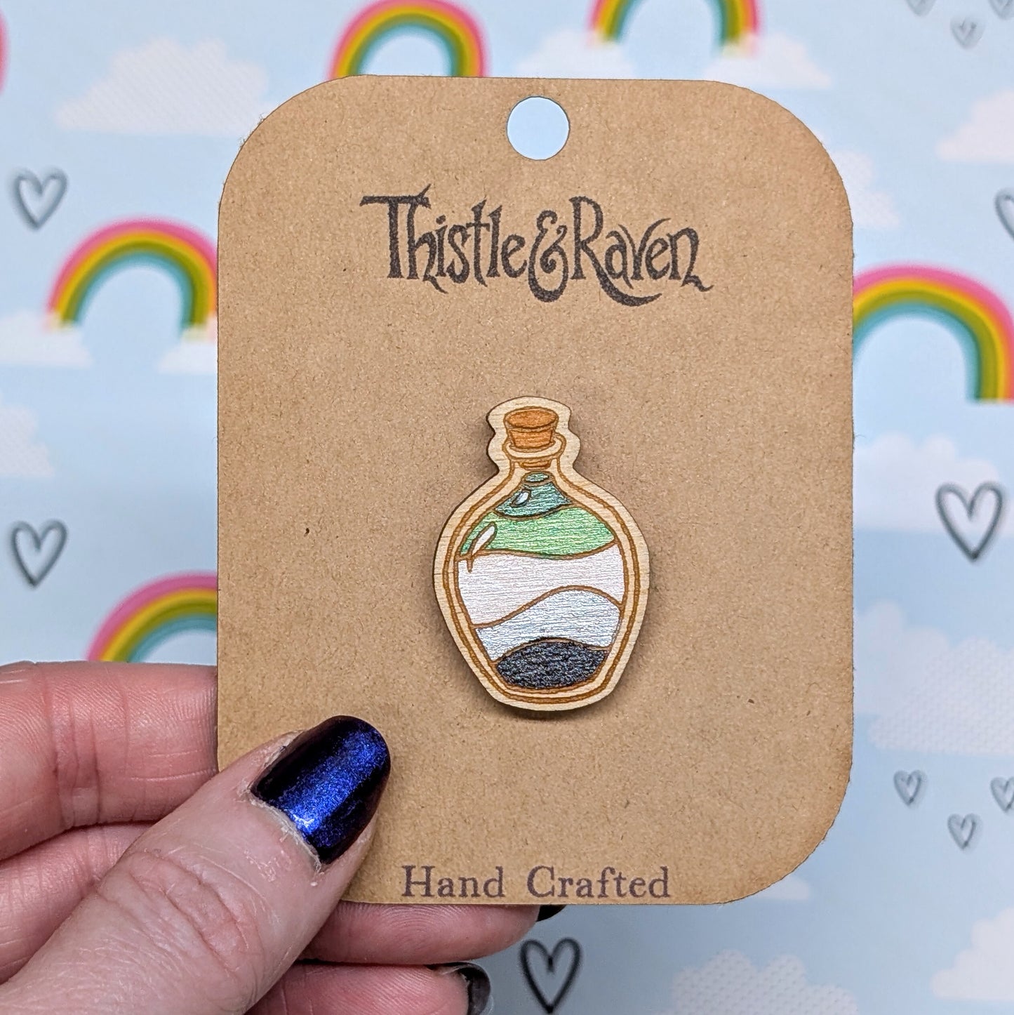 Laser Cut Wooden AROMANTIC Pride Potion Bottle Pin