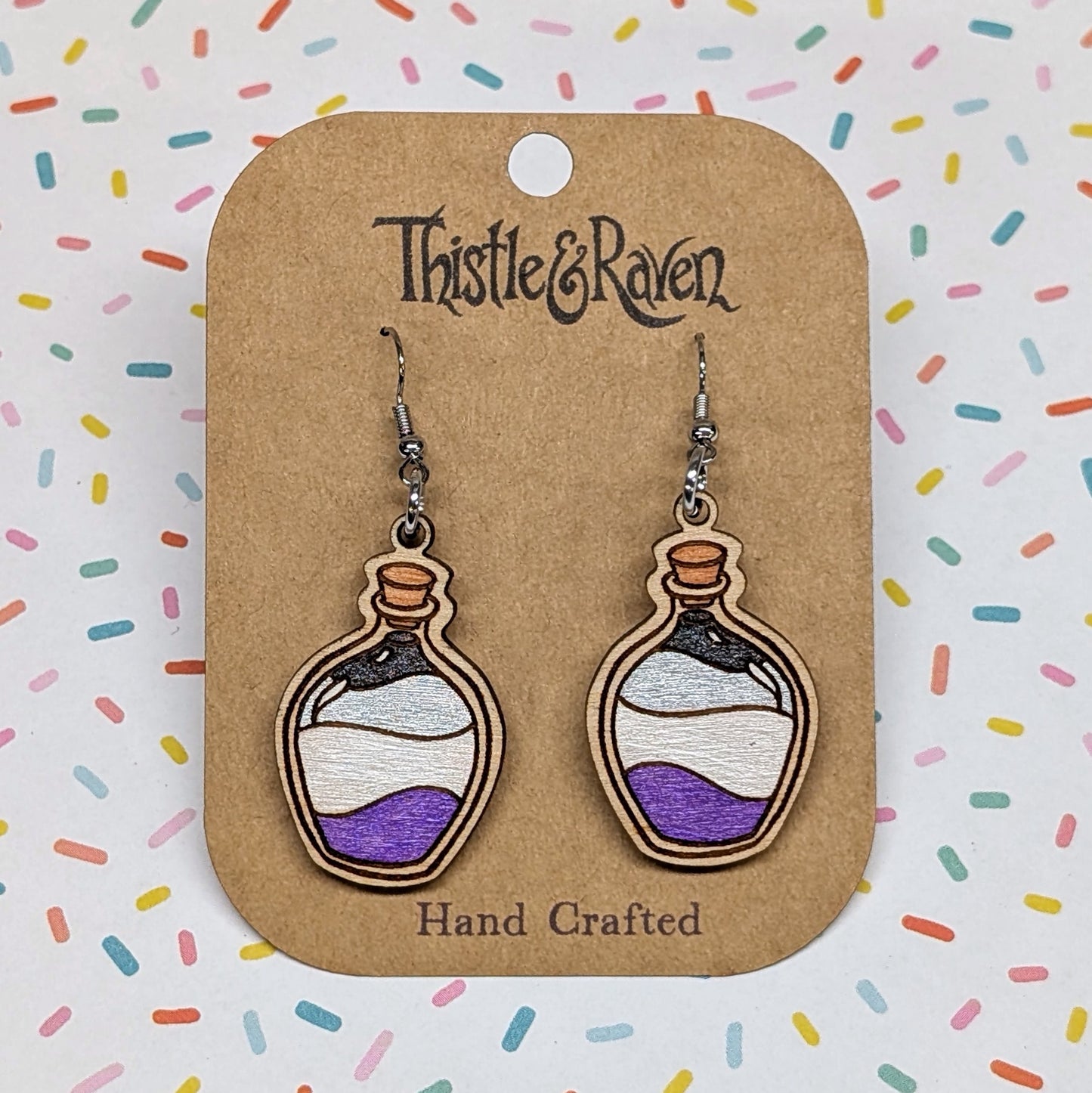 Laser Cut Wooden ASEXUAL Pride Potion Bottle Earrings