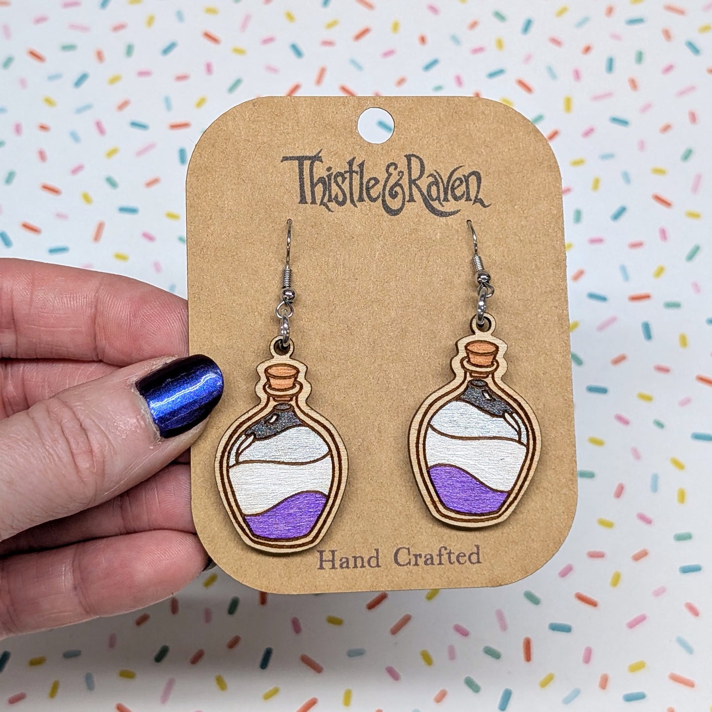 Laser Cut Wooden ASEXUAL Pride Potion Bottle Earrings