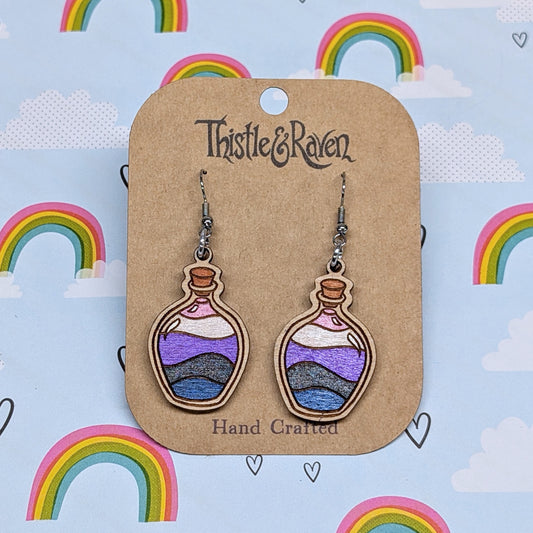 Laser Cut Wooden GENDERFLUID Pride Potion Bottle Earrings