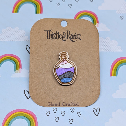 Laser Cut Wooden GENDERFLUID Pride Potion Bottle Pin