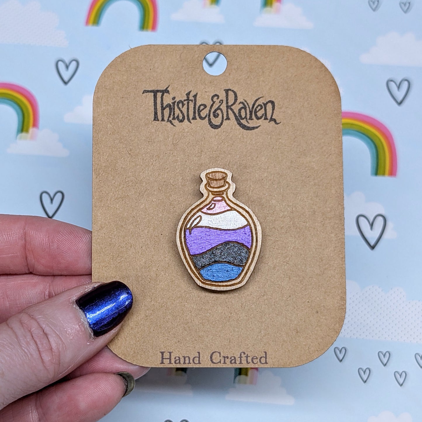 Laser Cut Wooden GENDERFLUID Pride Potion Bottle Pin