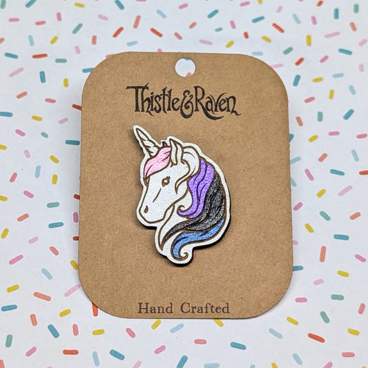 Laser Cut Wooden Hand-painted GENDERFLUID Unicorn Pin