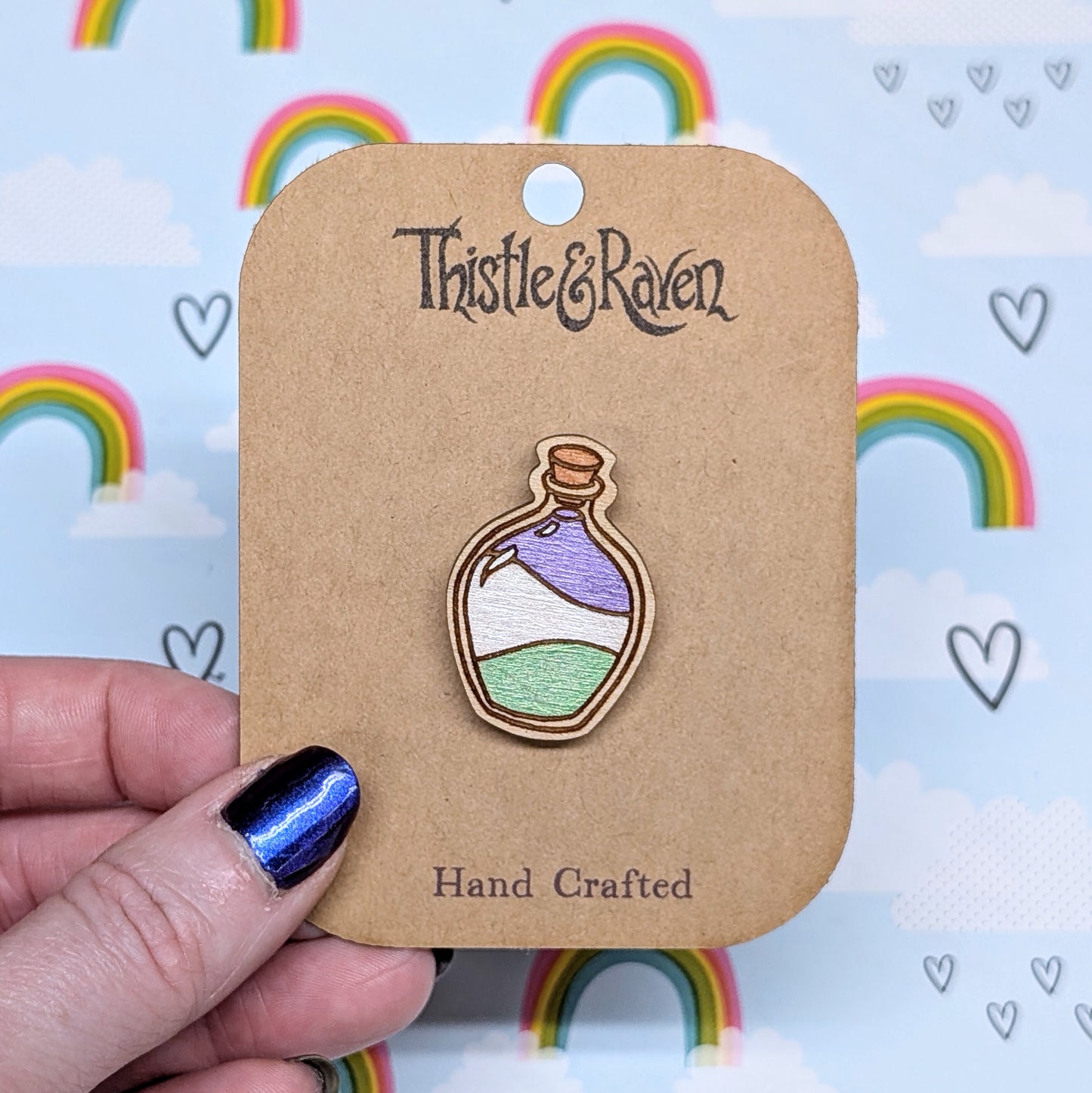 Laser Cut Wooden GENDERQUEER Pride Potion Bottle Pin