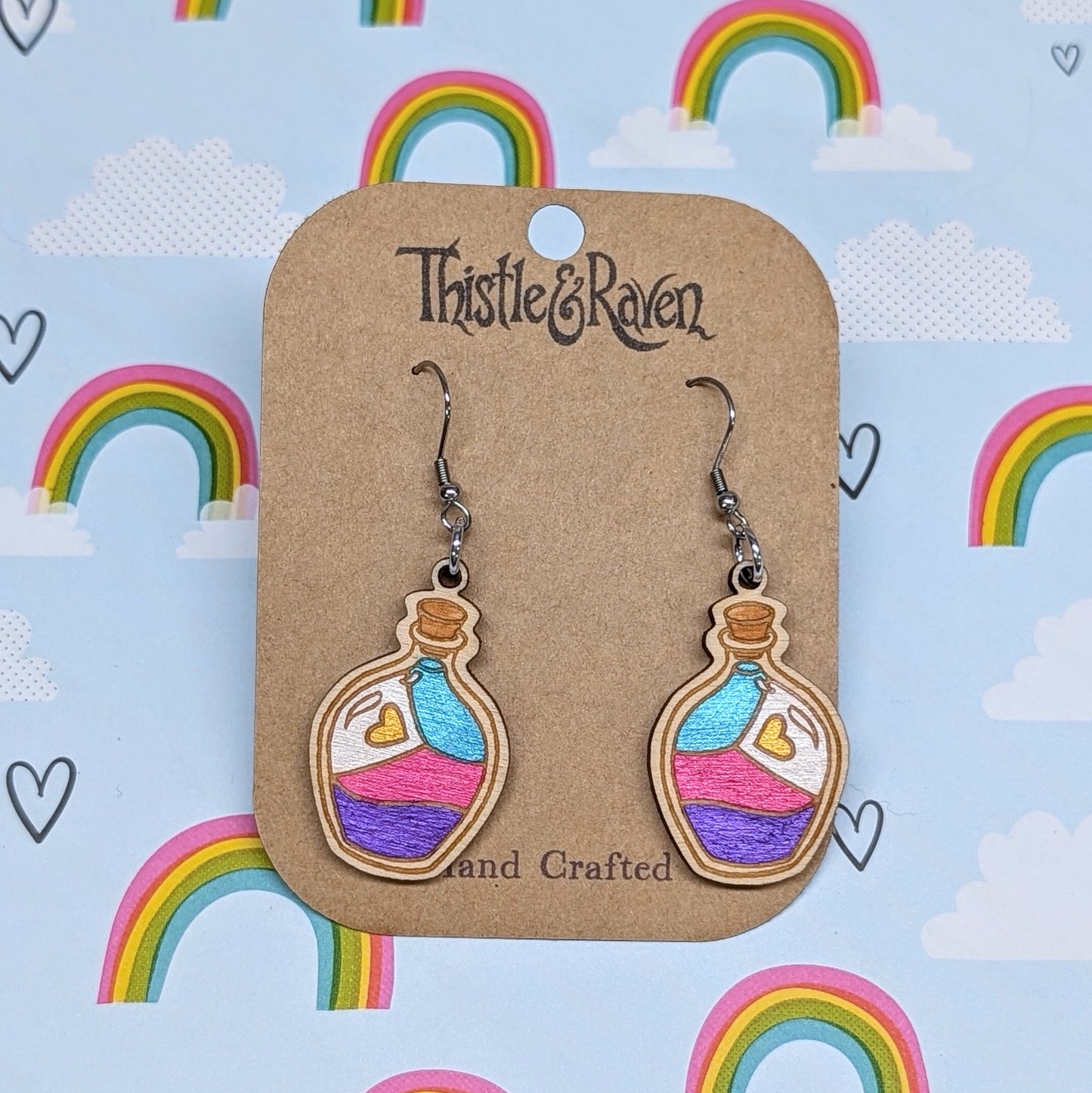Laser Cut Wooden NEW POLYAMORY Pride Potion Bottle Earrings