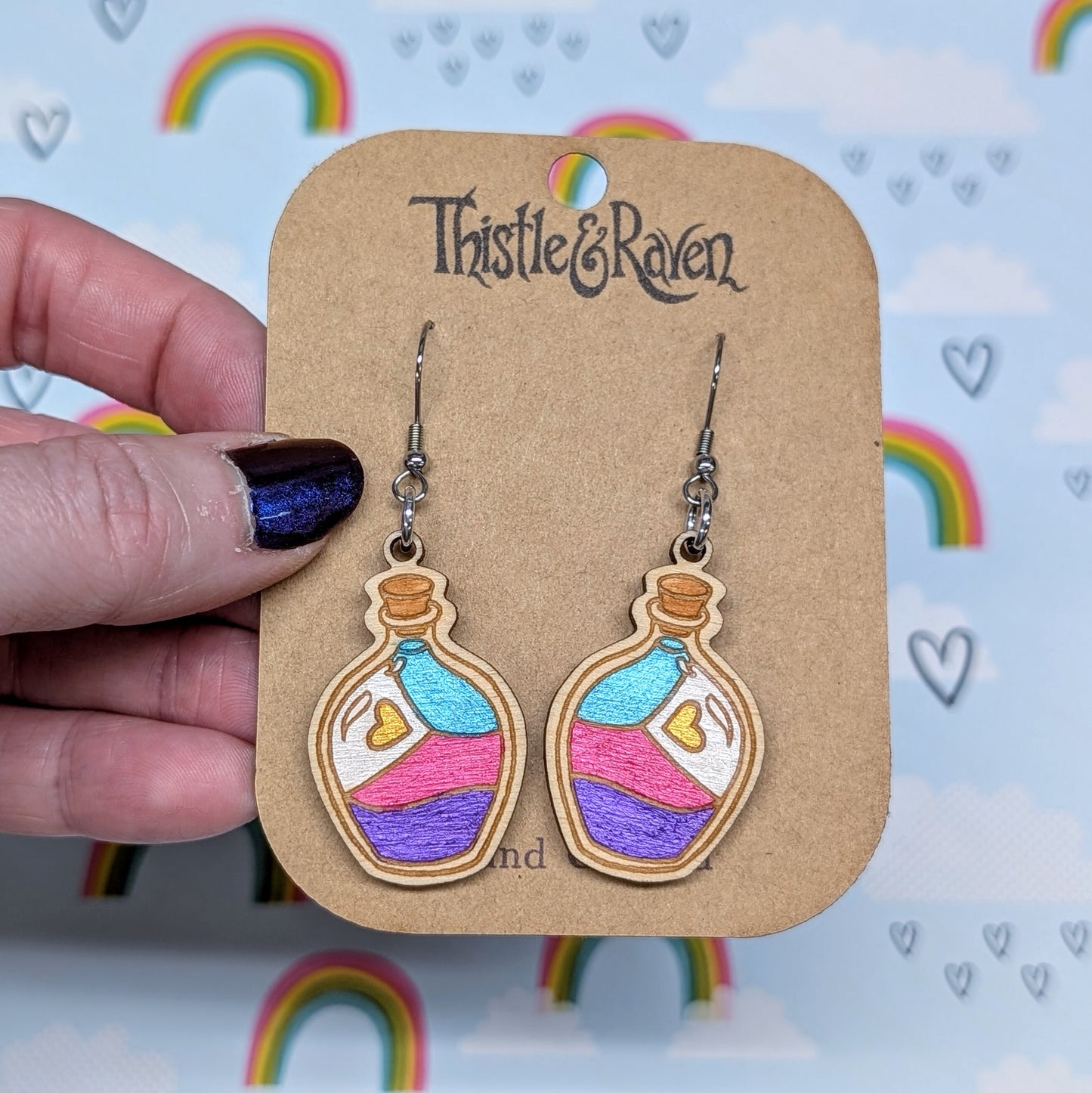 Laser Cut Wooden NEW POLYAMORY Pride Potion Bottle Earrings