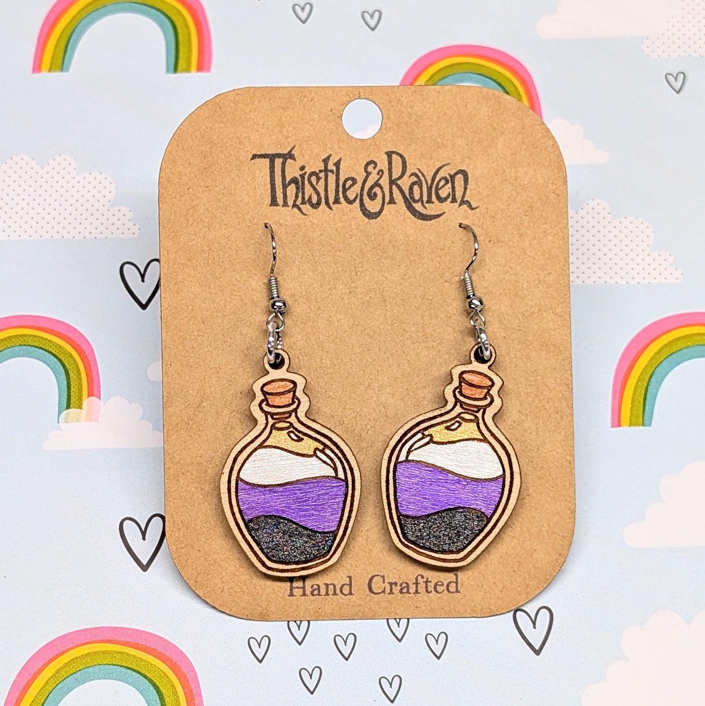 Laser Cut Wooden NONBINARY Pride Potion Bottle Earrings