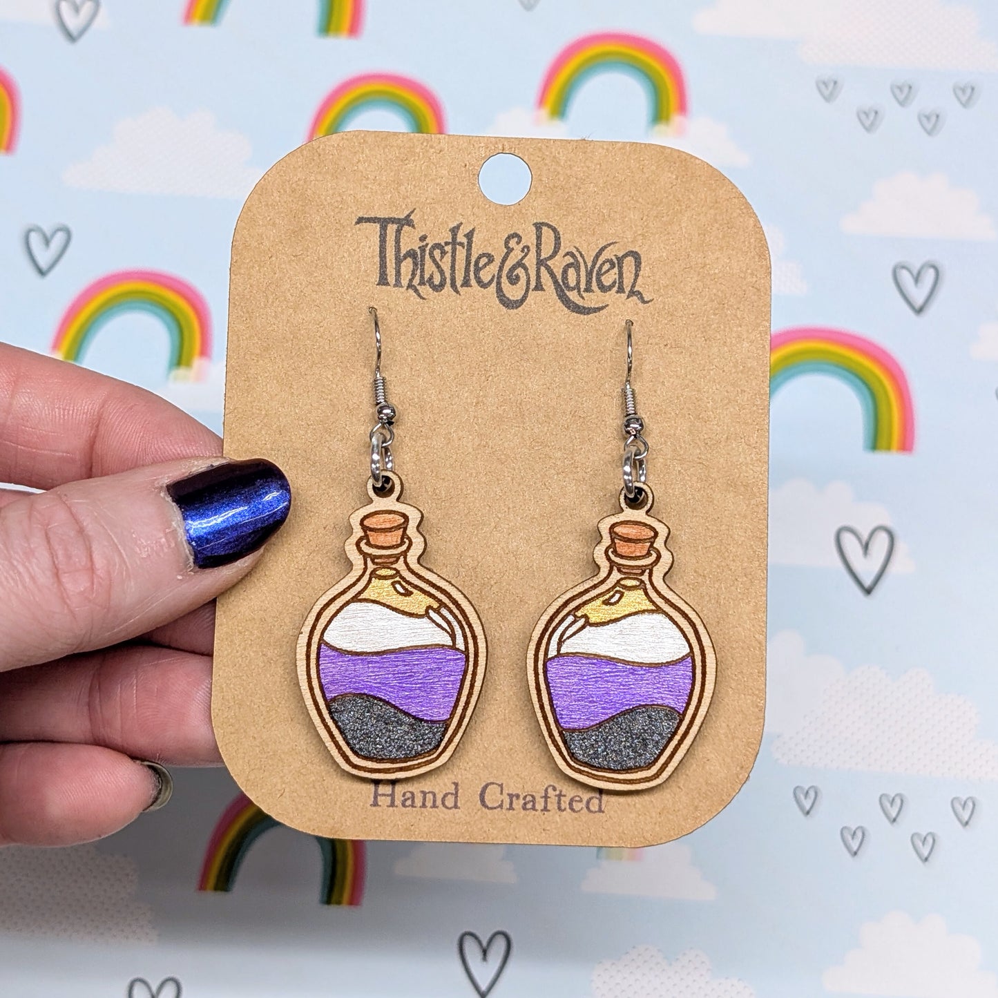 Laser Cut Wooden NONBINARY Pride Potion Bottle Earrings