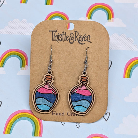 Laser Cut Wooden OMNISEXUAL Pride Potion Bottle Earrings