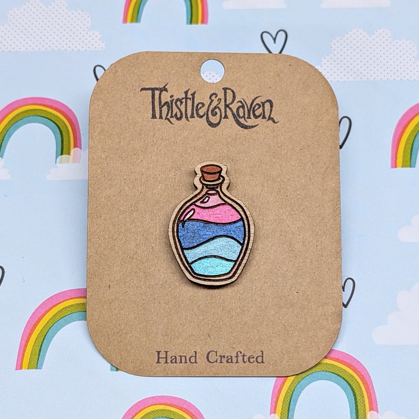 Laser Cut Wooden OMNISEXUAL Pride Potion Bottle Pin