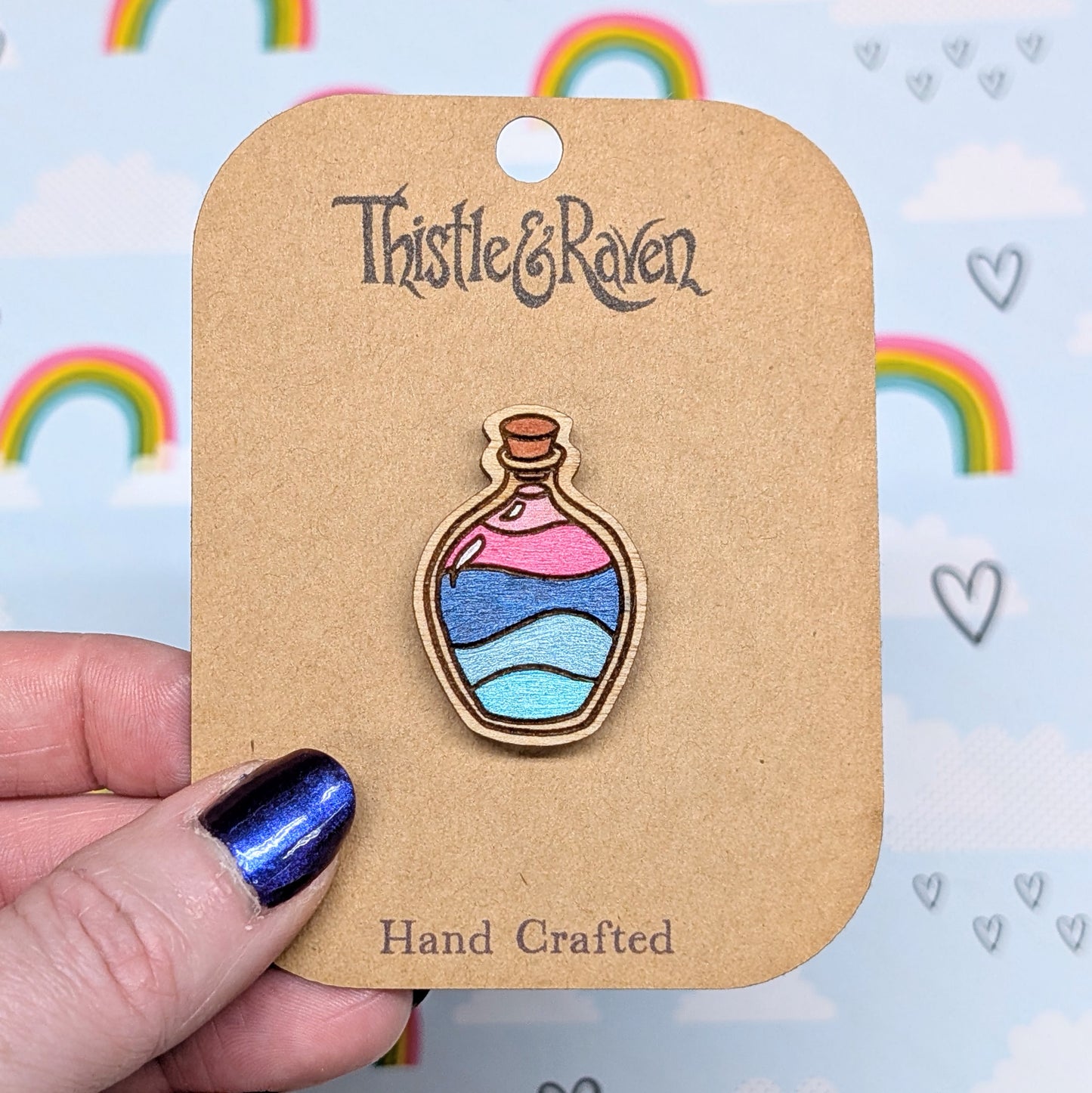 Laser Cut Wooden OMNISEXUAL Pride Potion Bottle Pin