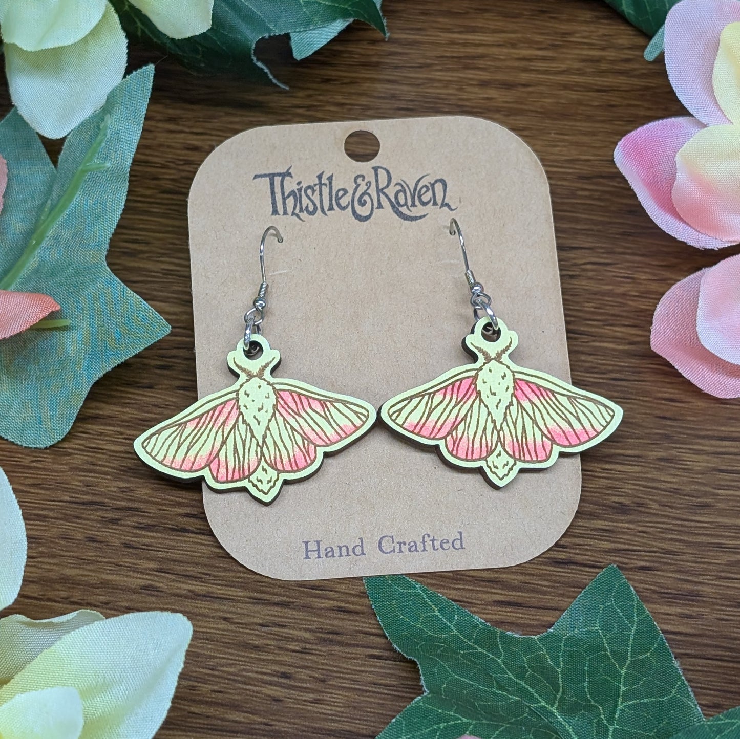 Laser Cut Wooden Rosy Maple Moth Earrings