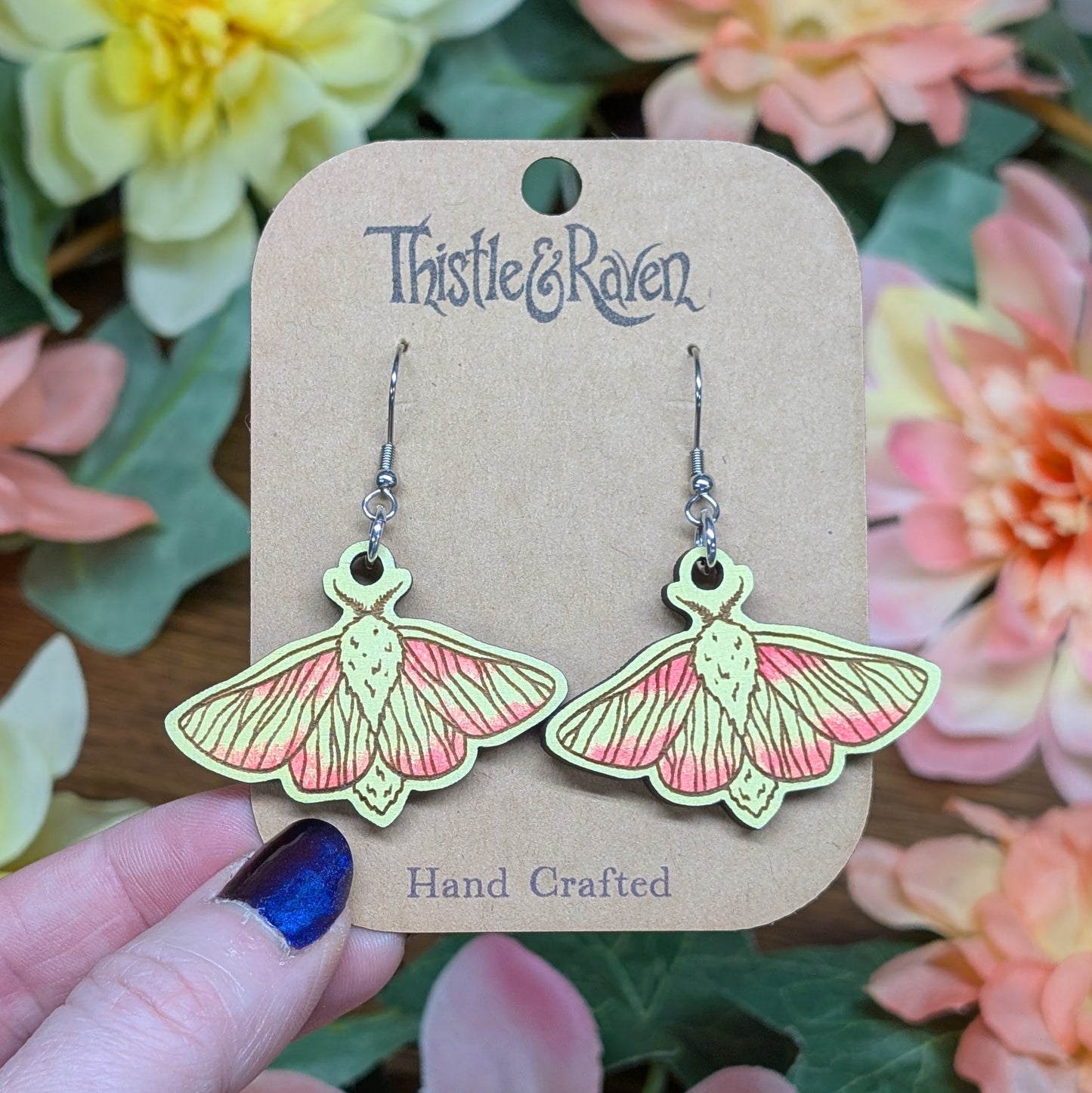Laser Cut Wooden Rosy Maple Moth Earrings