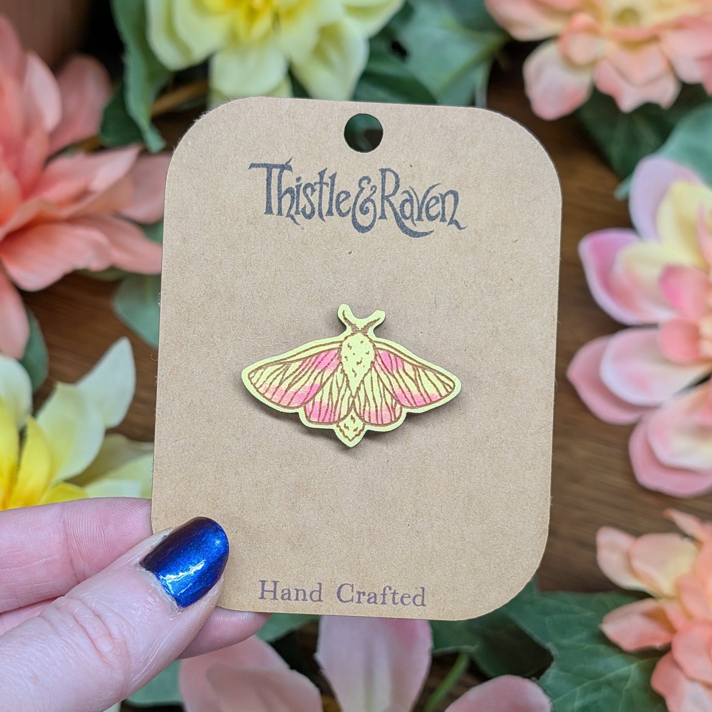 Laser Cut Wooden Rosy Maple Moth Pin (Small)