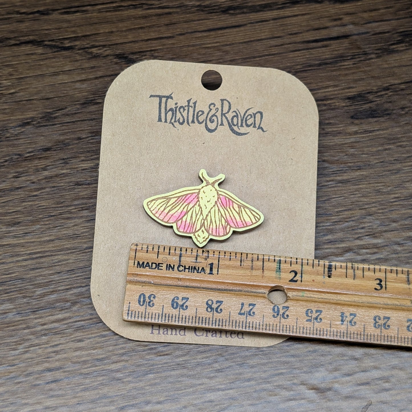Laser Cut Wooden Rosy Maple Moth Pin (Small)