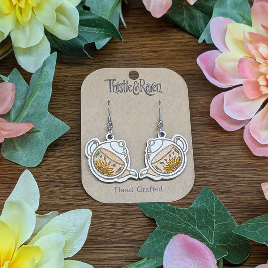 Laser Cut Wooden Hand-Painted Teapot Earrings
