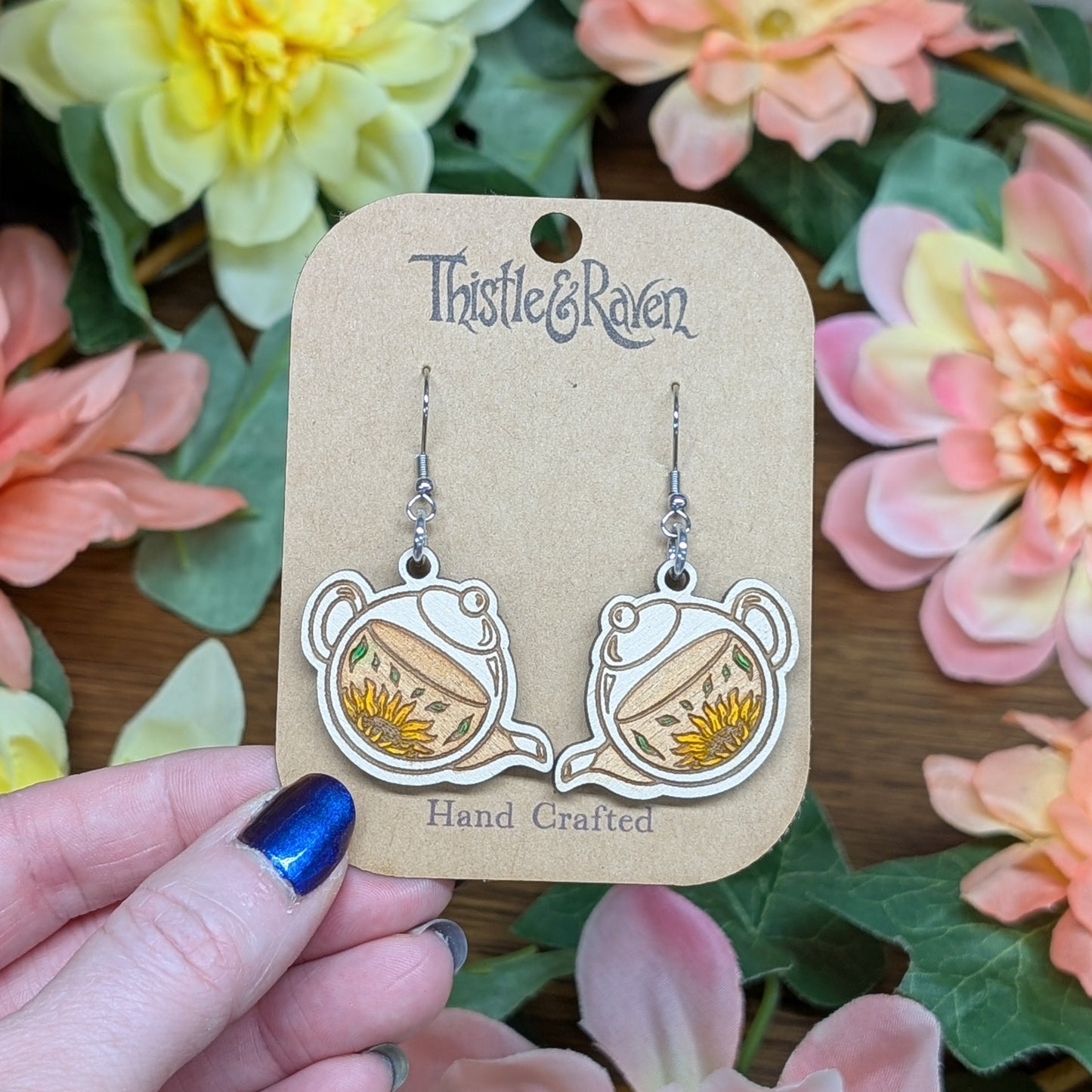 Laser Cut Wooden Hand-Painted Teapot Earrings