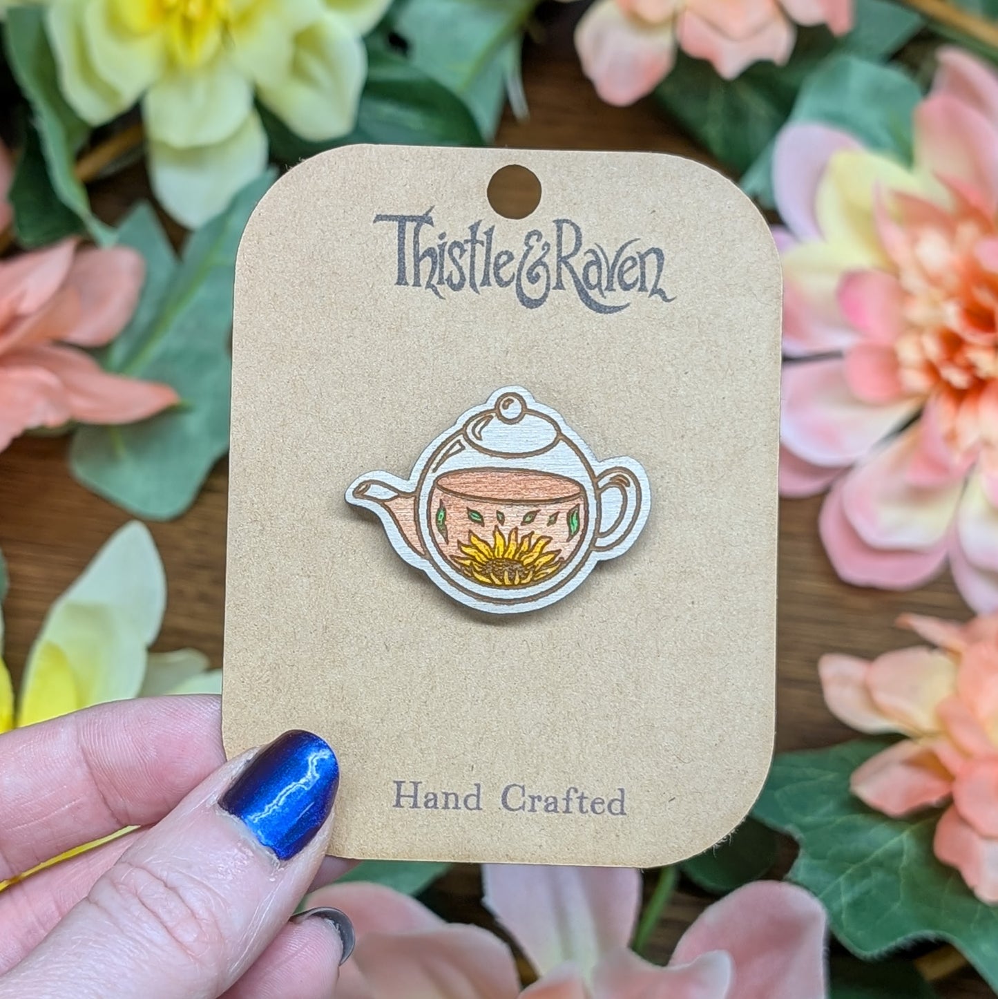 Laser Cut Wooden Hand-painted Teapot Pin