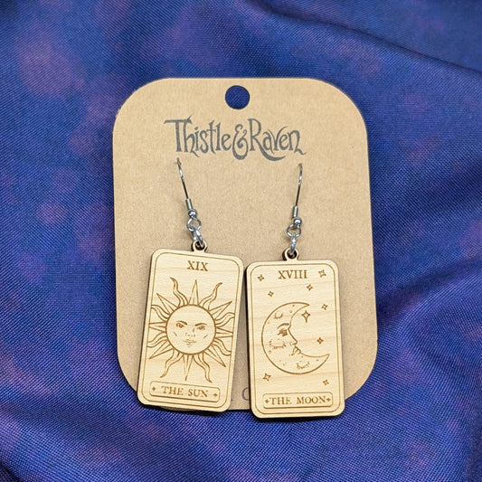 Laser Cut Wooden Sun and Moon Tarot Card Earrings