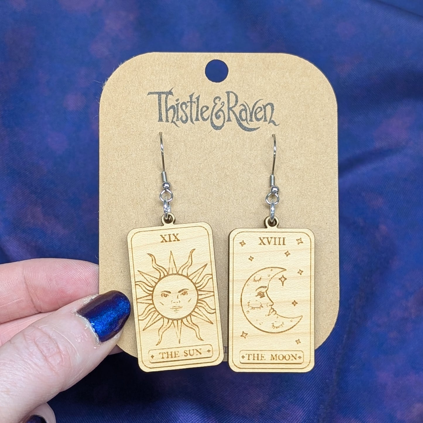 Laser Cut Wooden Sun and Moon Tarot Card Earrings