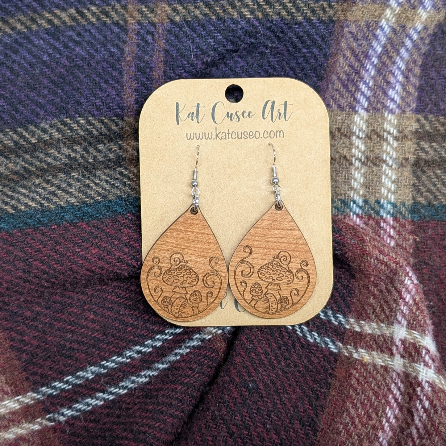 Laser Cut Wooden Mushroom with Snail Earrings