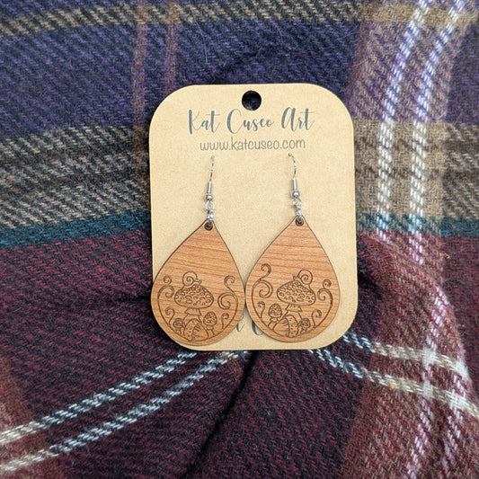 Laser Cut Wooden Mushroom with Snail Earrings