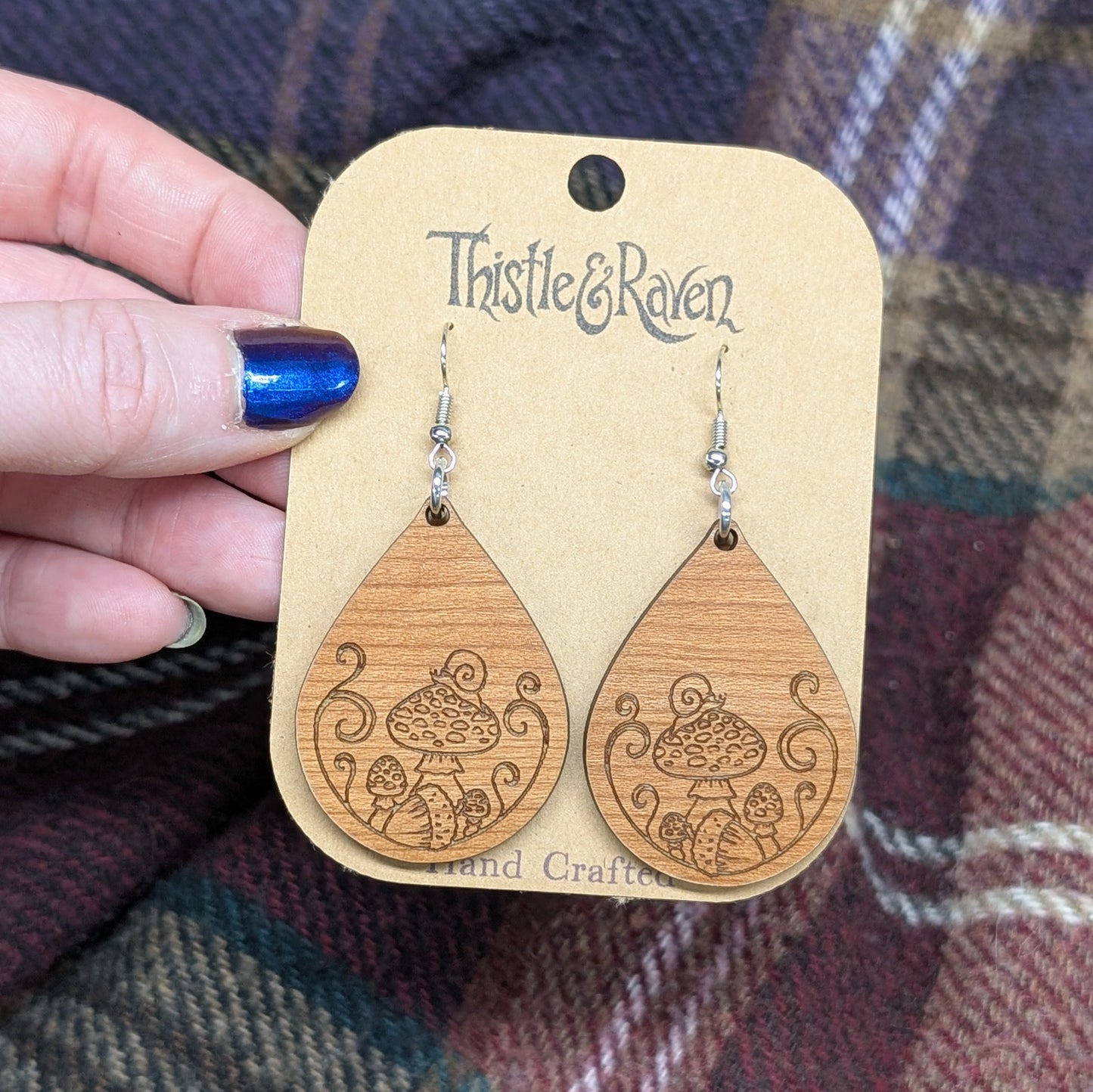 Laser Cut Wooden Mushroom with Snail Earrings