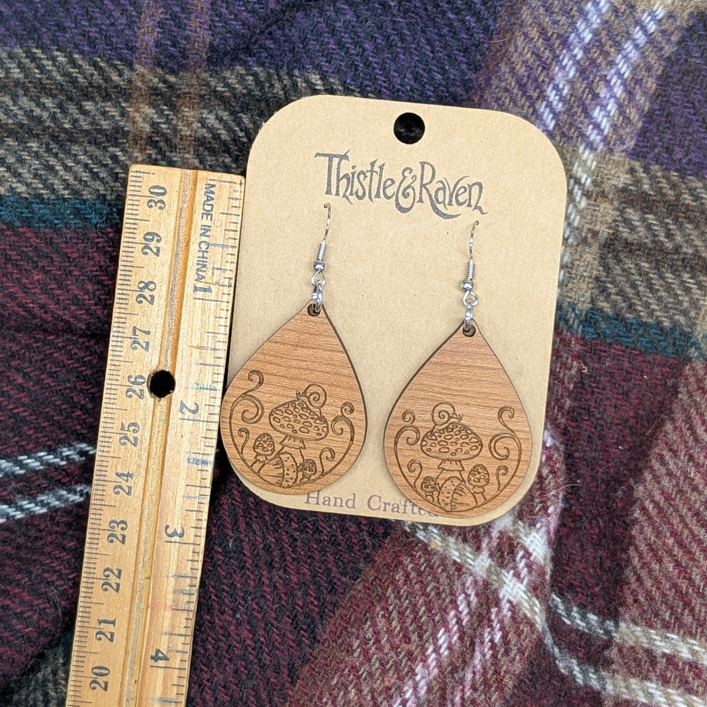 Laser Cut Wooden Mushroom with Snail Earrings