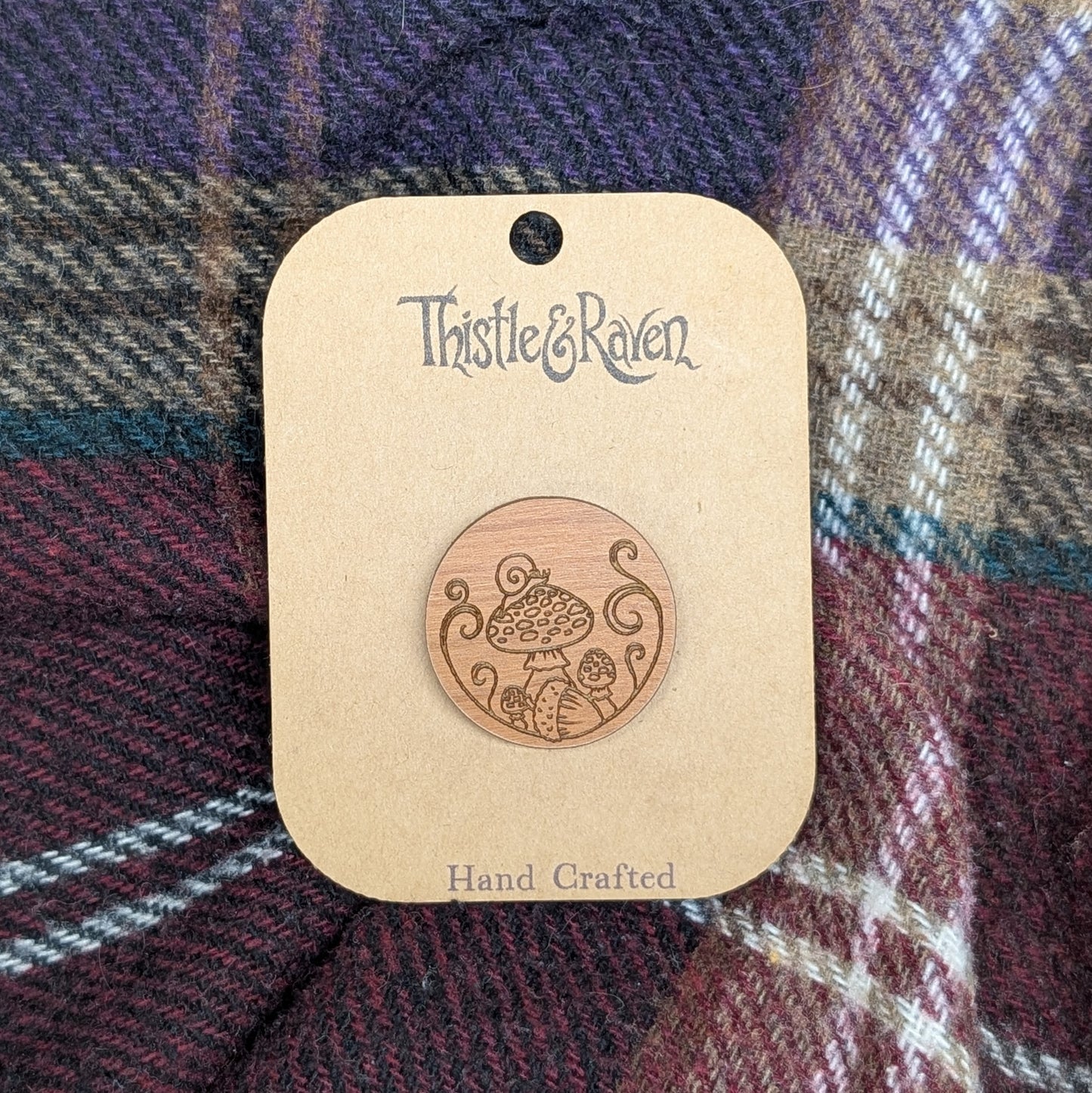 Laser Cut Wooden Mushroom with Snail Pin