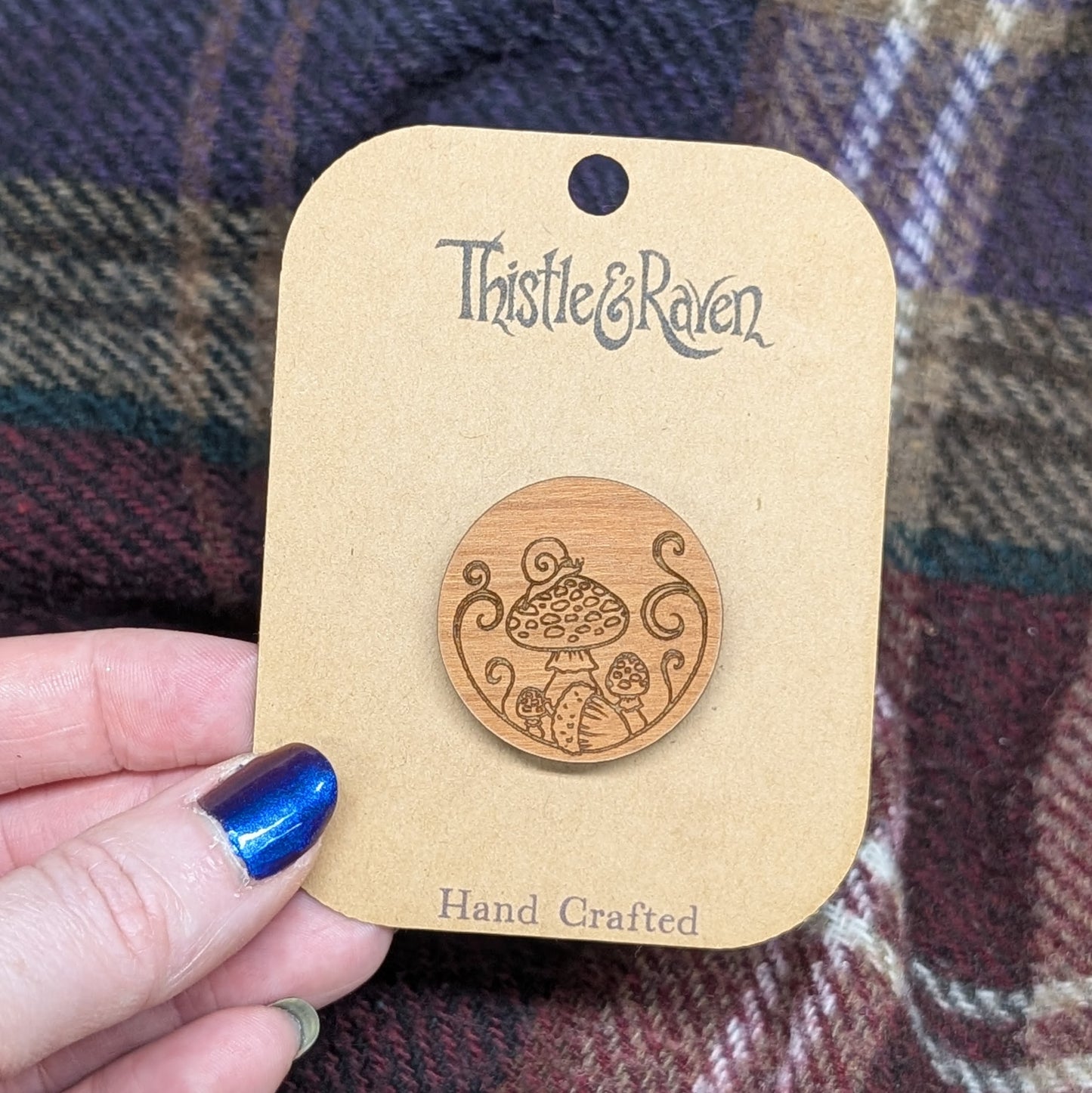 Laser Cut Wooden Mushroom with Snail Pin