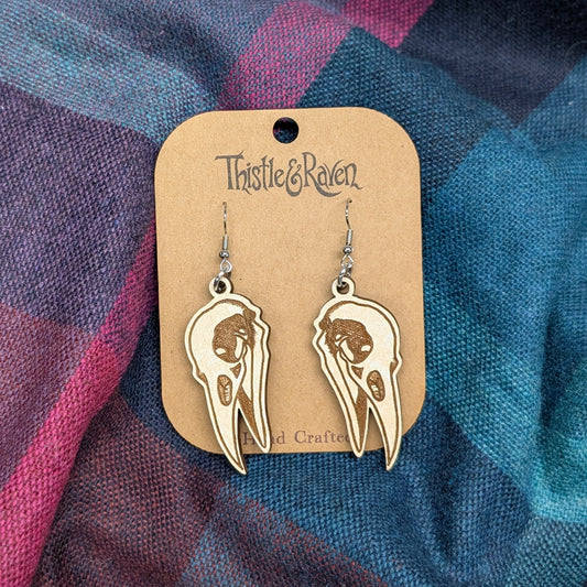 Laser Cut Wooden Crow Skull Earrings