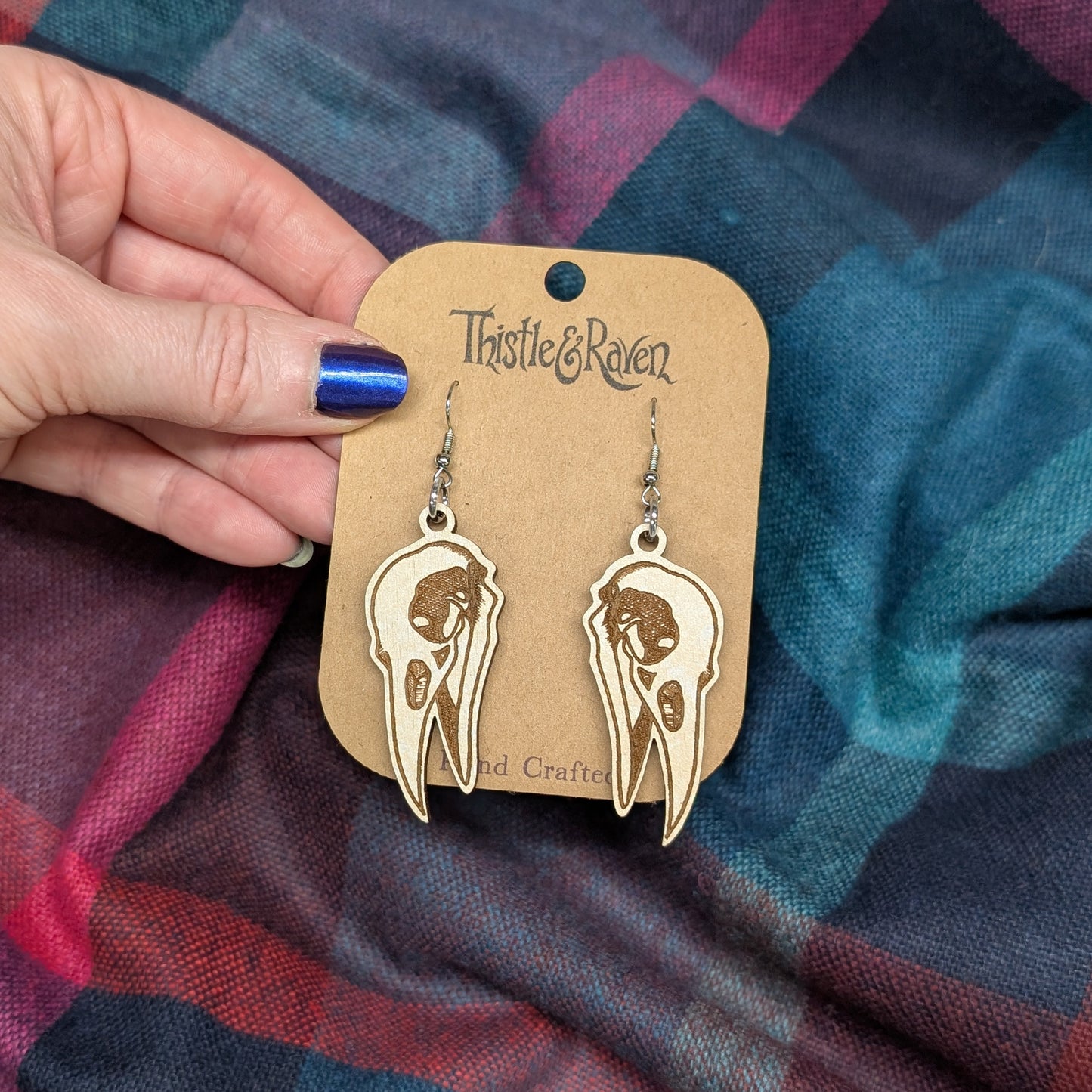 Laser Cut Wooden Crow Skull Earrings