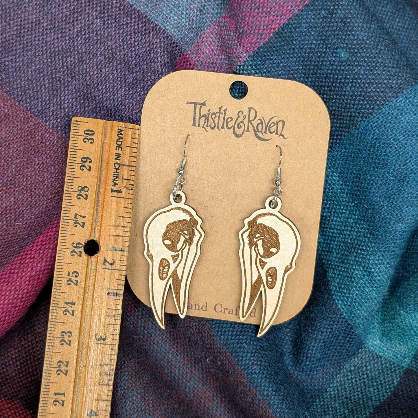 Laser Cut Wooden Crow Skull Earrings