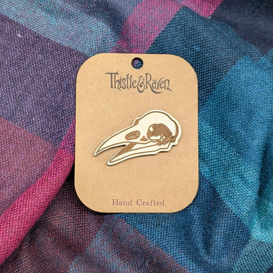 Laser Cut Wooden Crow Skull Pin