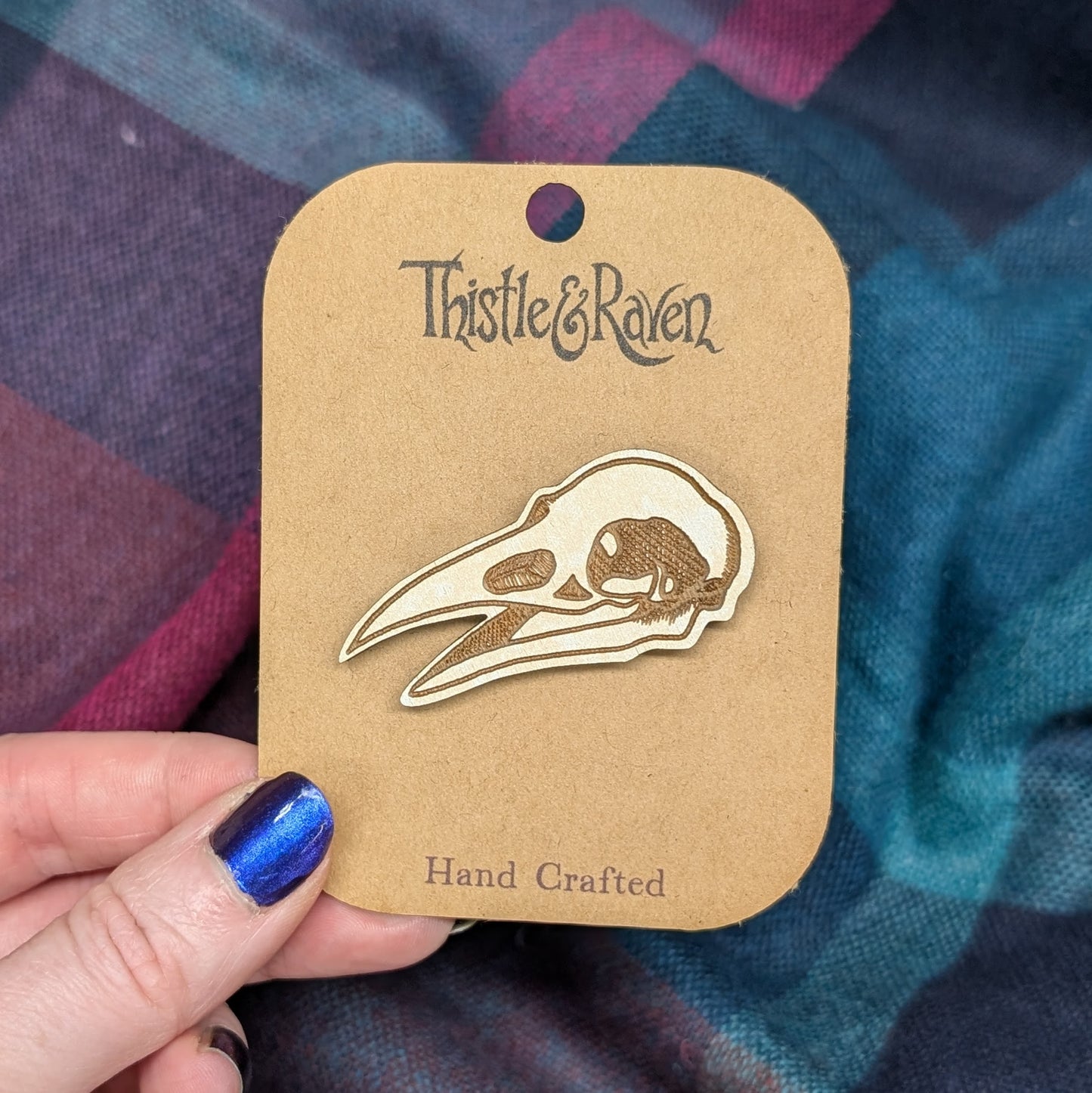Laser Cut Wooden Crow Skull Pin