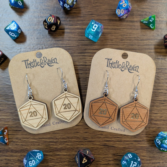 Laser Cut Wooden D20 Earrings