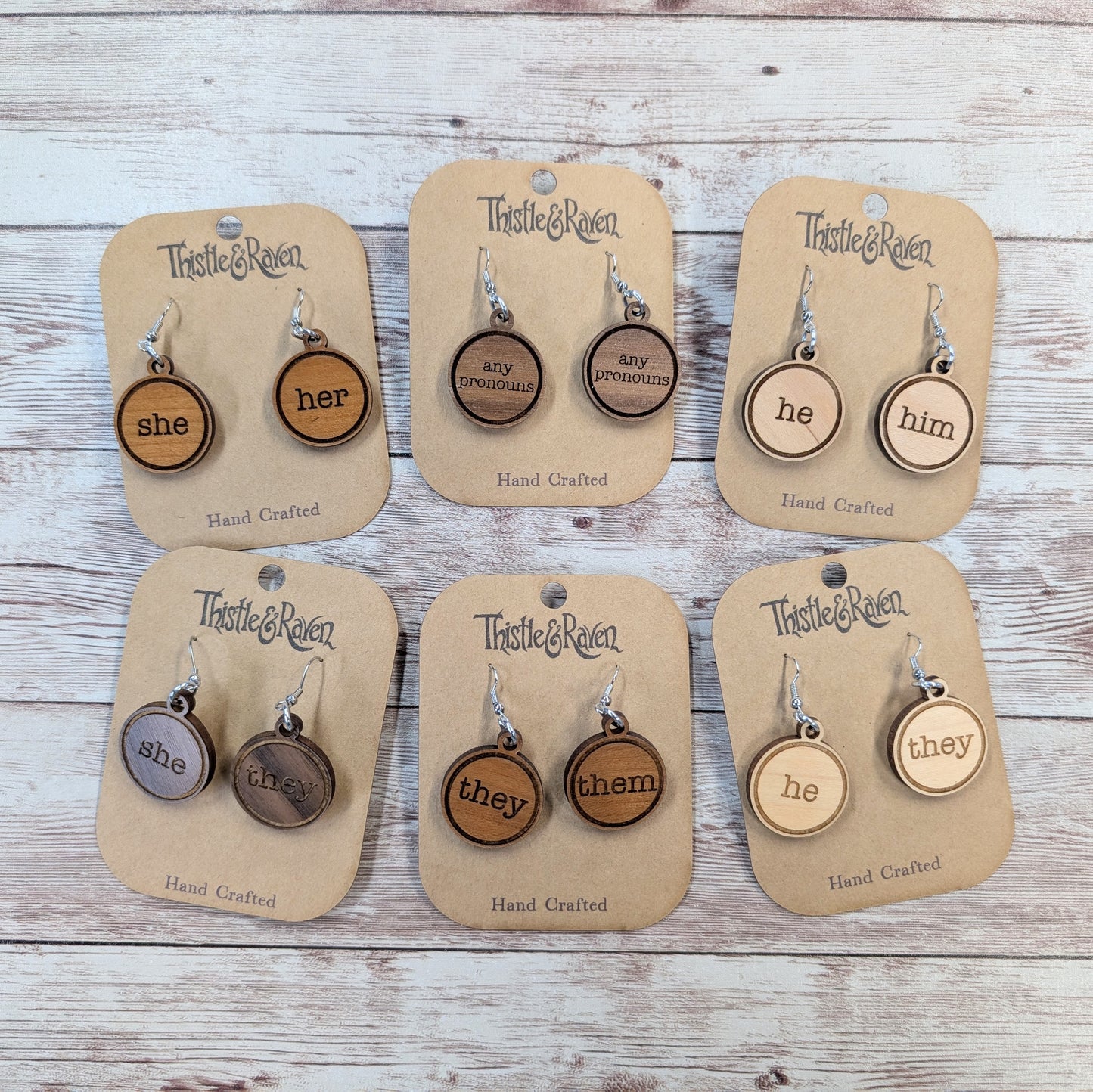 Laser Cut Wooden Pronoun Earrings