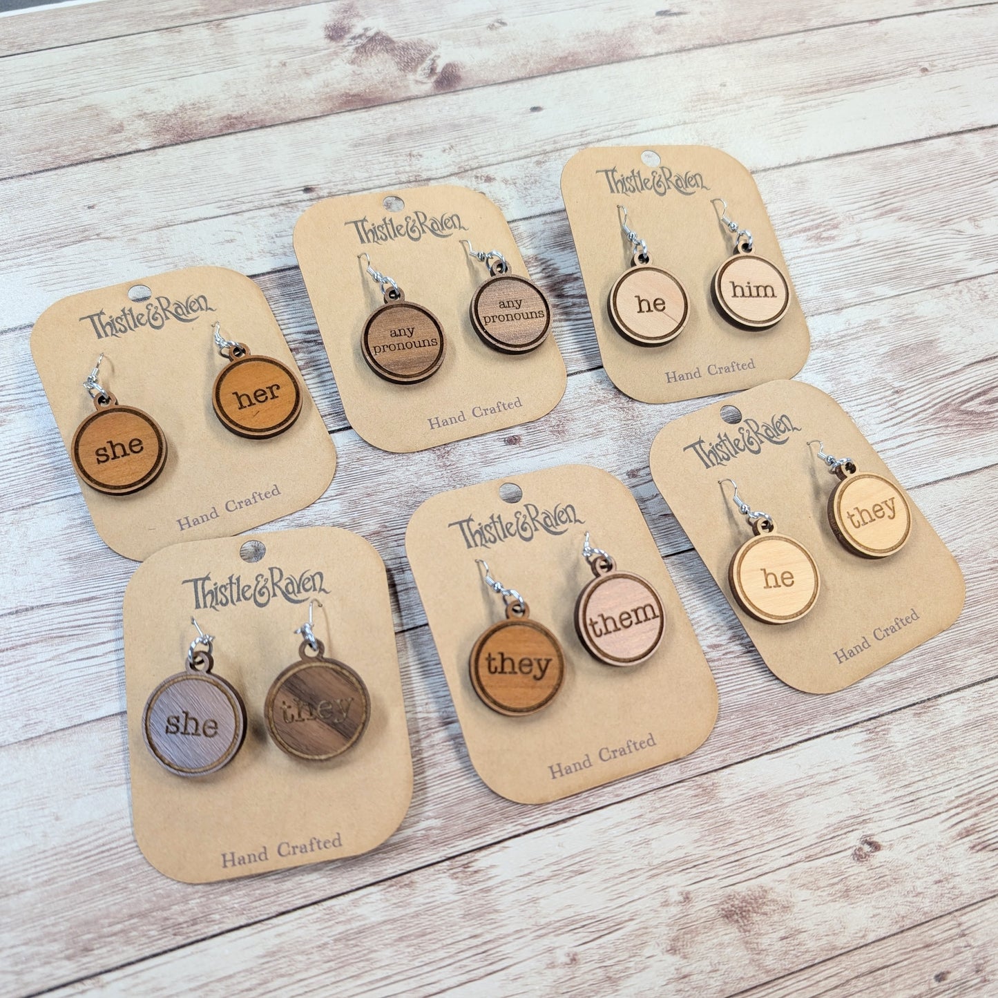 Laser Cut Wooden Pronoun Earrings