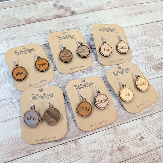 Laser Cut Wooden Pronoun Earrings