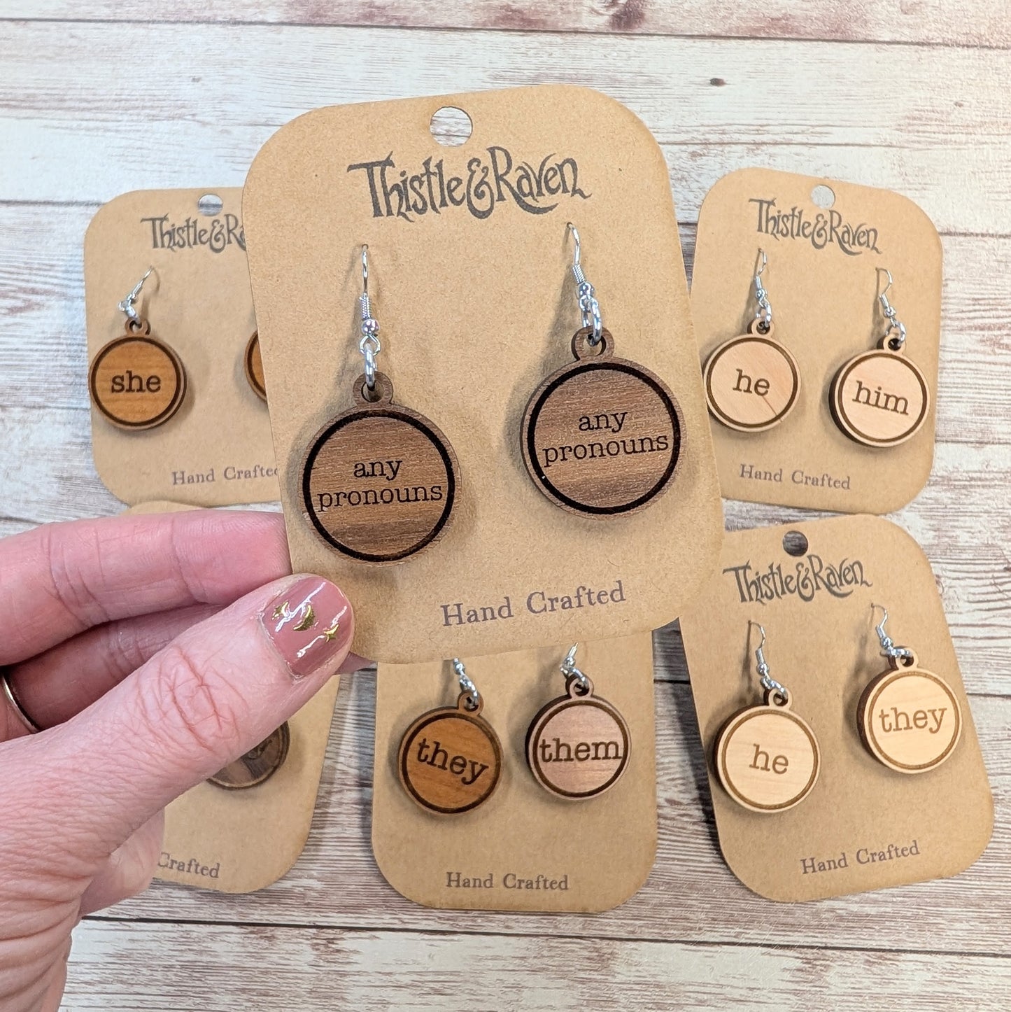 Laser Cut Wooden Pronoun Earrings