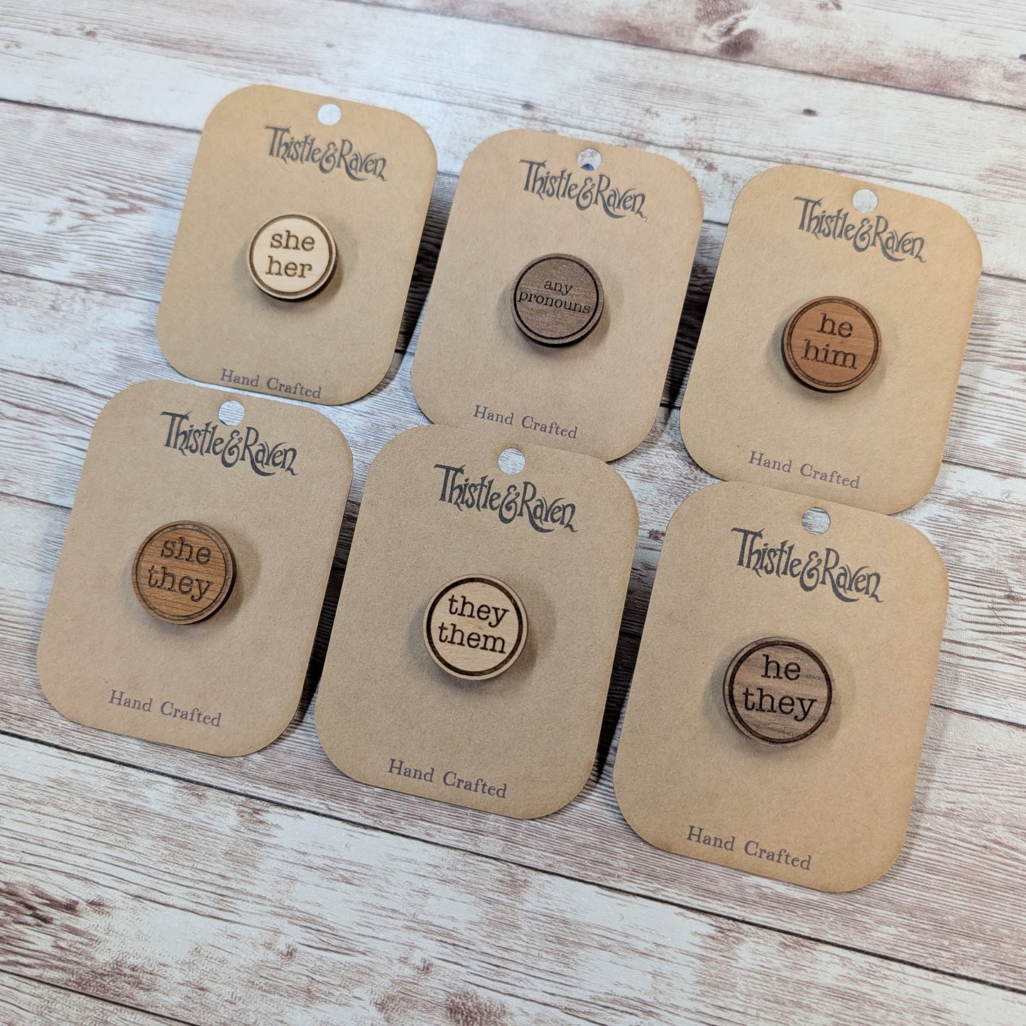 Laser Cut Wooden Pronoun Pins