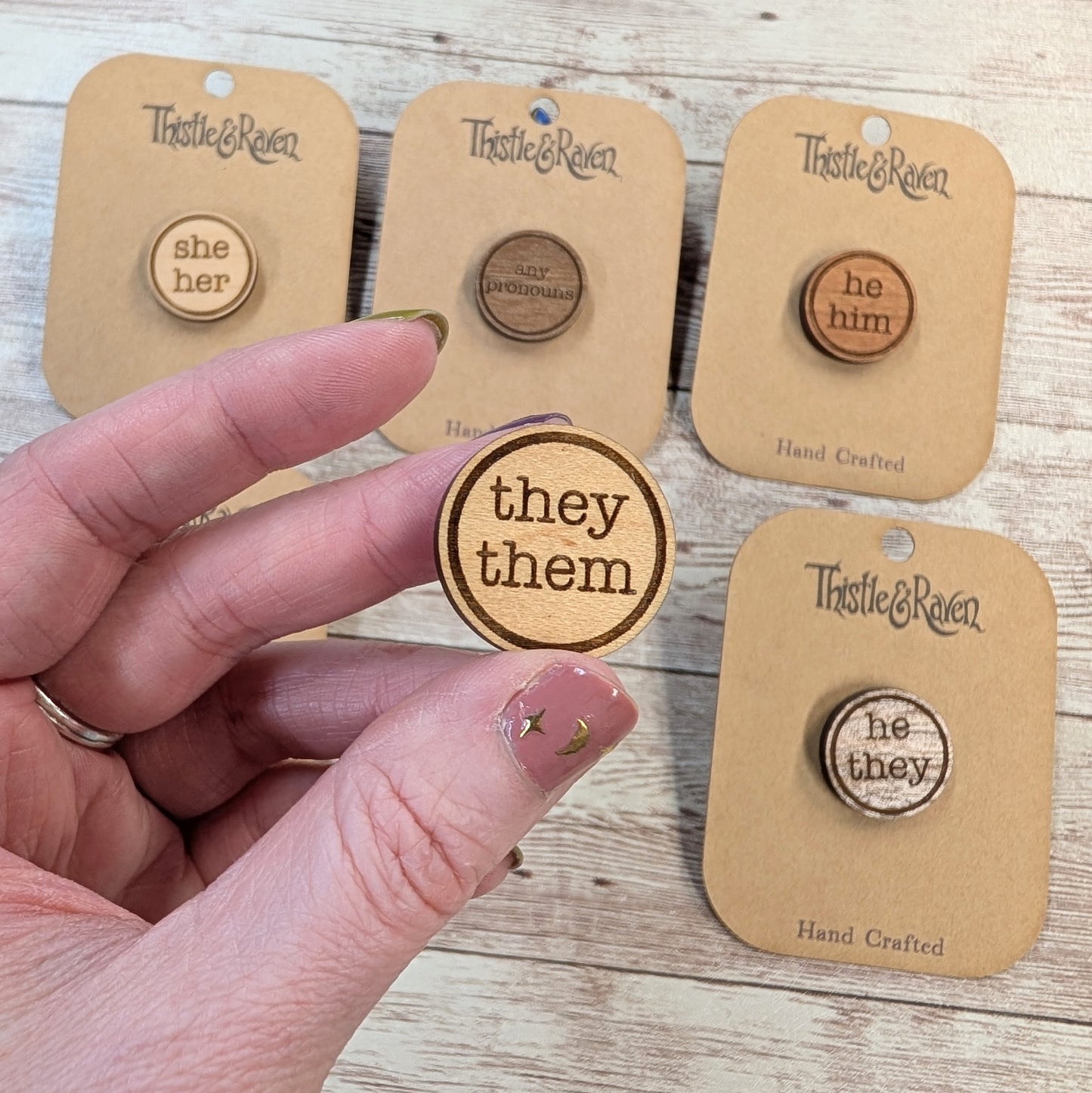 Laser Cut Wooden Pronoun Pins
