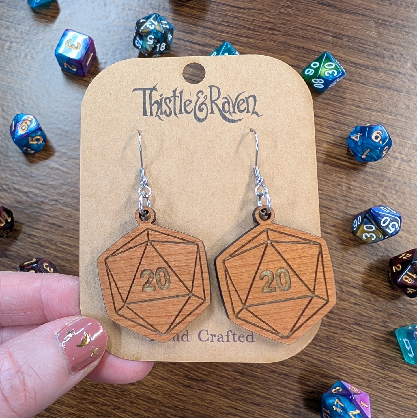 Laser Cut Wooden D20 Earrings